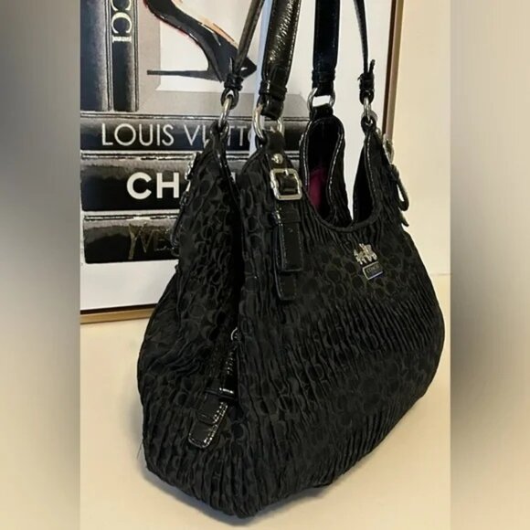 Coach Black Madison Signature Pleated Hobo Handbag - Picture 2 of 6